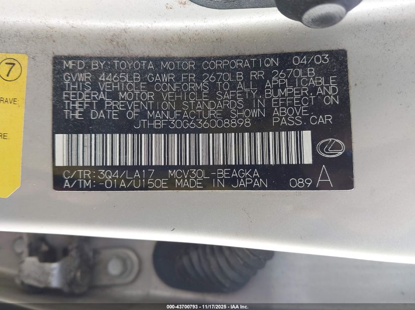 2003 Lexus Es 300 VIN: JTHBF30G636008898 Lot: 43700793