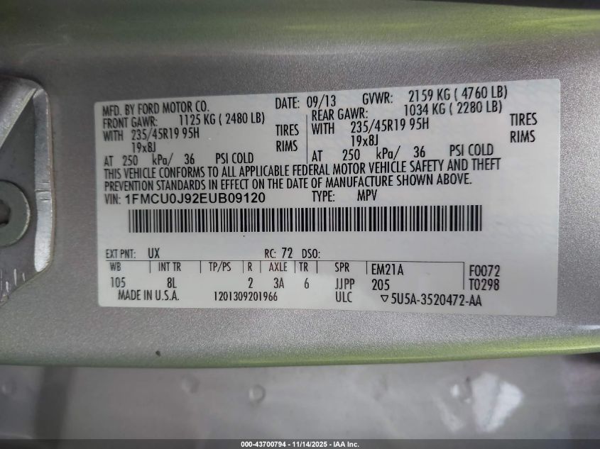 2014 Ford Escape Titanium VIN: 1FMCU0J92EUB09120 Lot: 43700794