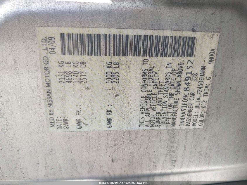 2009 Nissan Maxima 3.5 Sv VIN: 1N4AA51E09C849152 Lot: 43700799