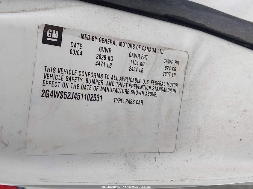 2005 Buick Century VIN: 2G4WS52J451102531 Lot: 43700817