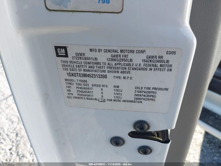 2005 GMC Envoy Denali VIN: 1GKET63M452313390 Lot: 43700831