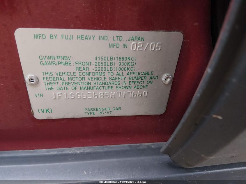 2005 Subaru Forester 2.5X VIN: JF1SG63685H747660 Lot: 43700840