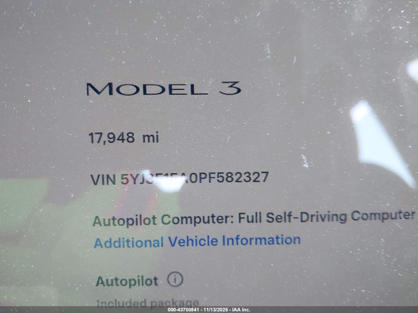 2023 Tesla Model 3 Rear-Wheel Drive VIN: 5YJ3E1EA0PF582327 Lot: 43700841