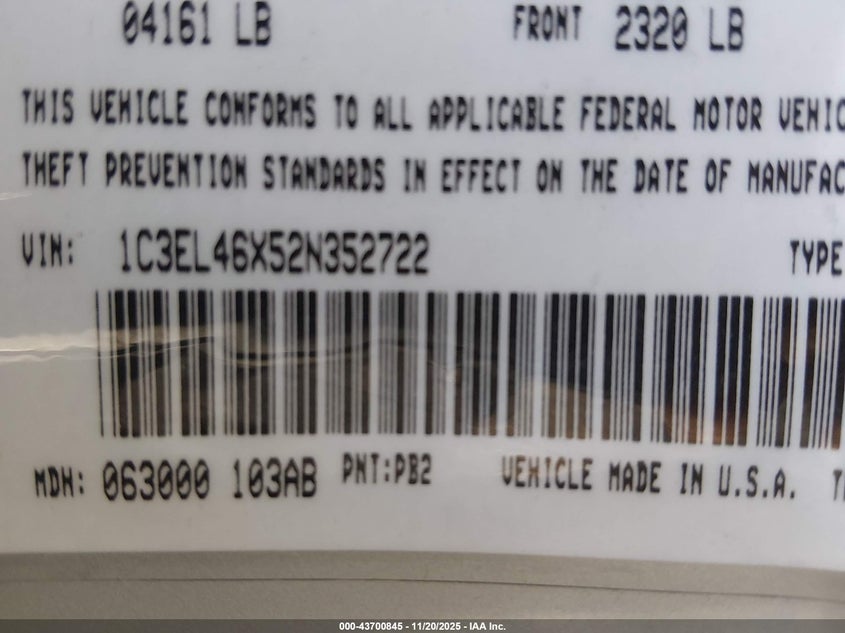 2002 Chrysler Sebring Lx/Lx Plus VIN: 1C3EL46X52N352722 Lot: 43700845
