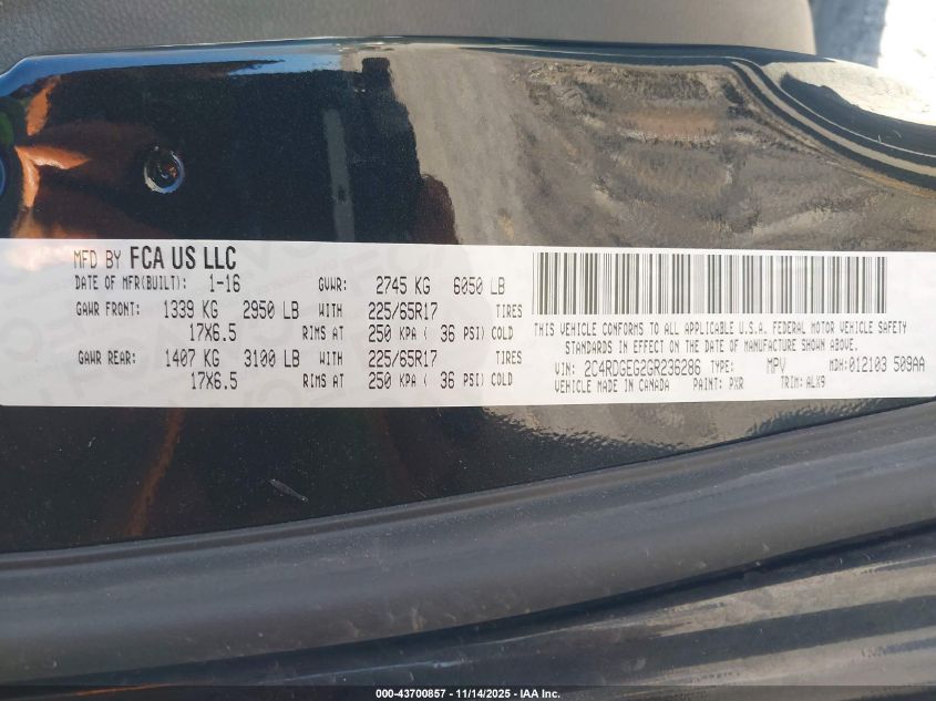 2016 Dodge Grand Caravan R/T VIN: 2C4RDGEG2GR236286 Lot: 43700857