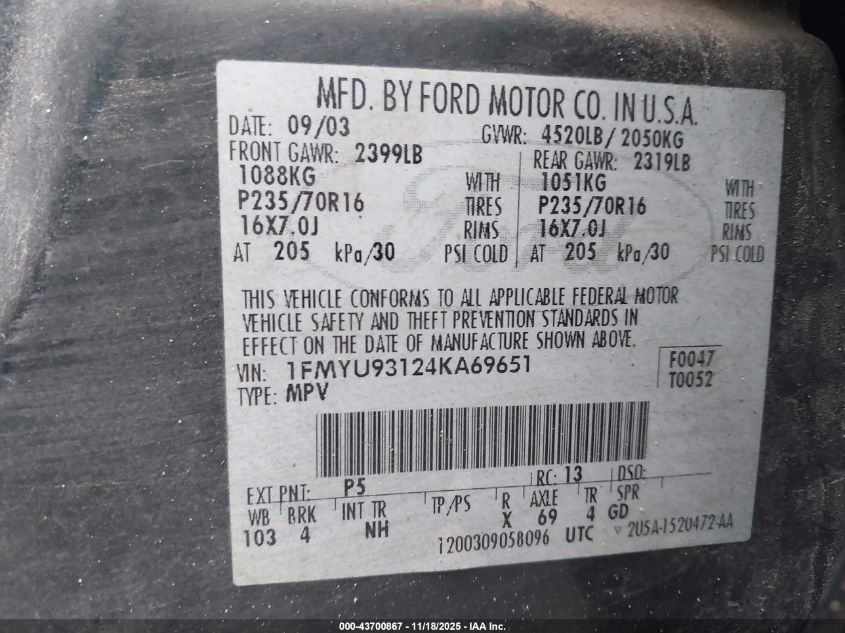 2004 Ford Escape Xlt VIN: 1FMYU93124KA69651 Lot: 43700867