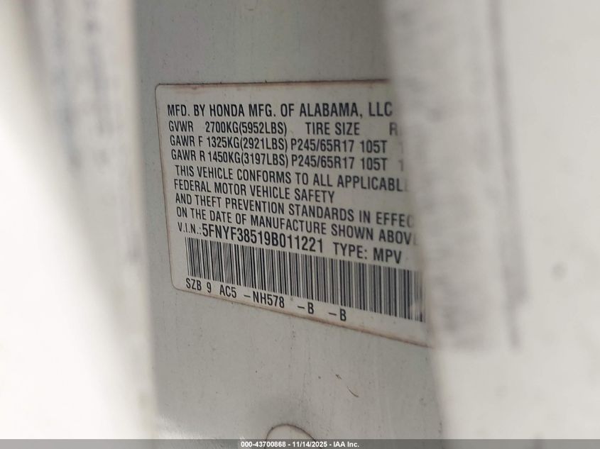 2009 Honda Pilot Ex-L VIN: 5FNYF38519B011221 Lot: 43700868