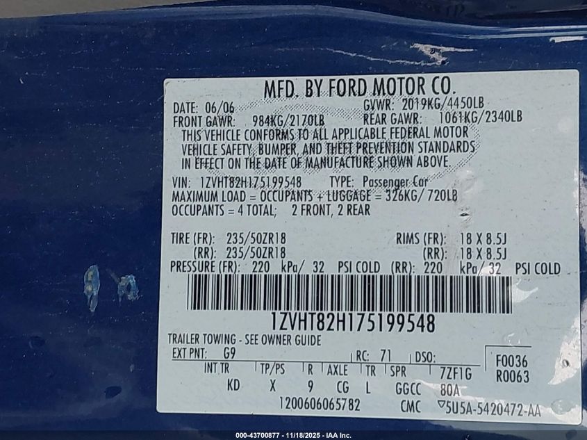 2007 Ford Mustang Gt Deluxe/Gt Premium VIN: 1ZVHT82H175199548 Lot: 43700877
