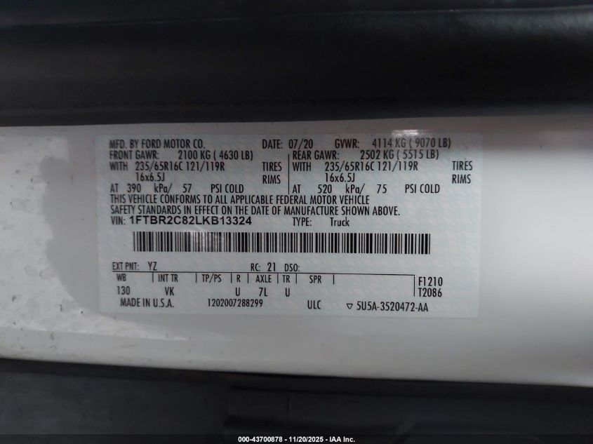 2020 Ford Transit-250 VIN: 1FTBR2C82LKB13324 Lot: 43700878