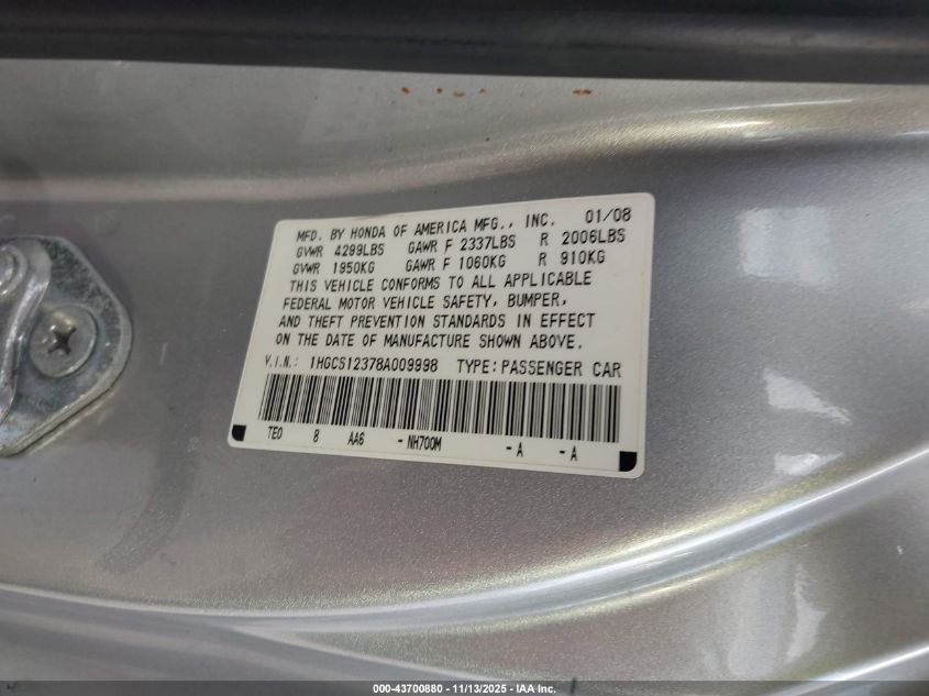2008 Honda Accord 2.4 Lx-S VIN: 1HGCS12378A009998 Lot: 43700880