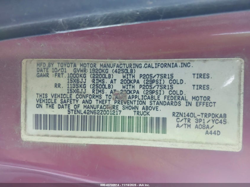 2002 Toyota Tacoma VIN: 5TENL42N62Z001217 Lot: 43700914