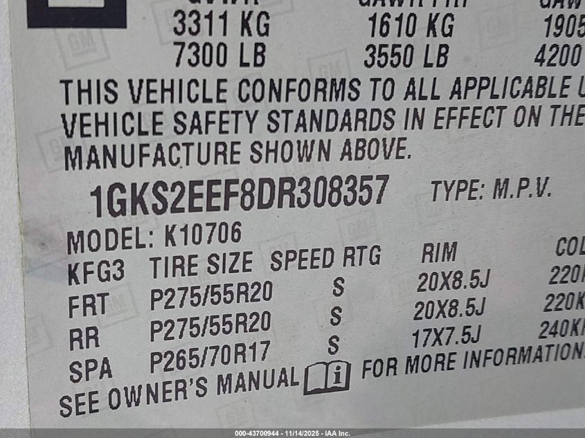 2013 GMC Yukon Denali VIN: 1GKS2EEF8DR308357 Lot: 43700944