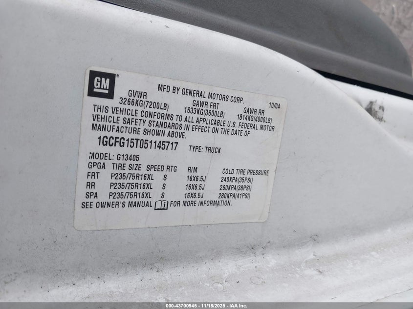 2005 Chevrolet Express VIN: 1GCFG15T051145717 Lot: 43700945