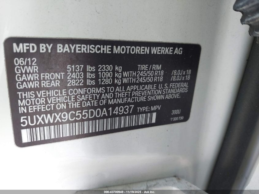 2013 BMW X3 xDrive28I VIN: 5UXWX9C55D0A14937 Lot: 43700949