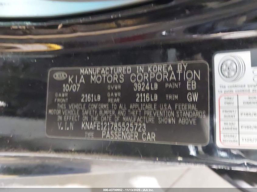 2008 Kia Spectra Ex VIN: KNAFE121785525723 Lot: 43700952