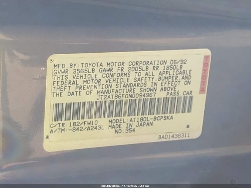 JT2AT86F0N0094967 1992 TOYOTA CELICA photo no. 9
