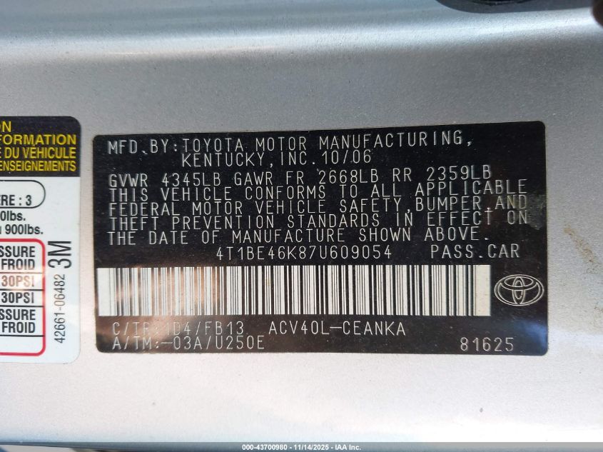 2007 Toyota Camry Le VIN: 4T1BE46K87U609054 Lot: 43700980