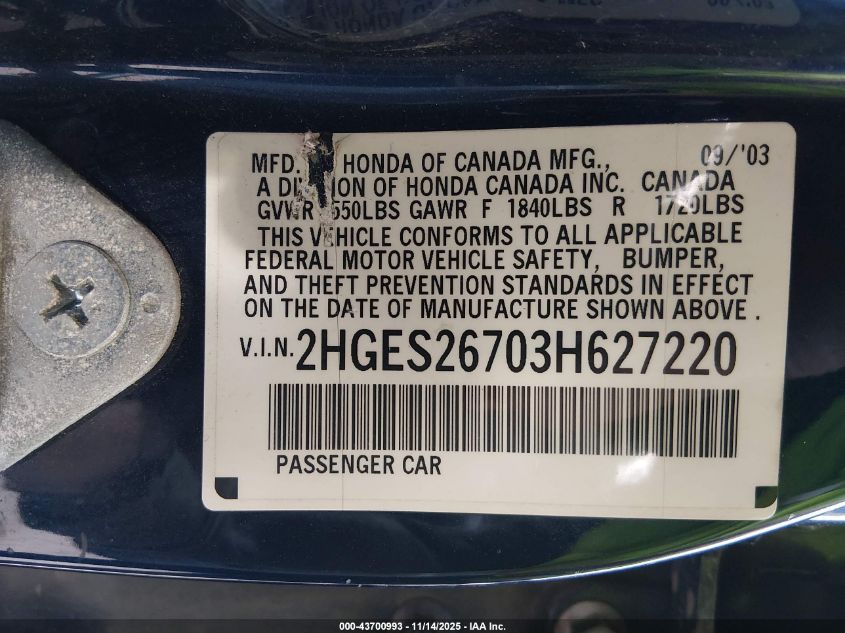 2003 Honda Civic Ex VIN: 2HGES26703H627220 Lot: 43700993