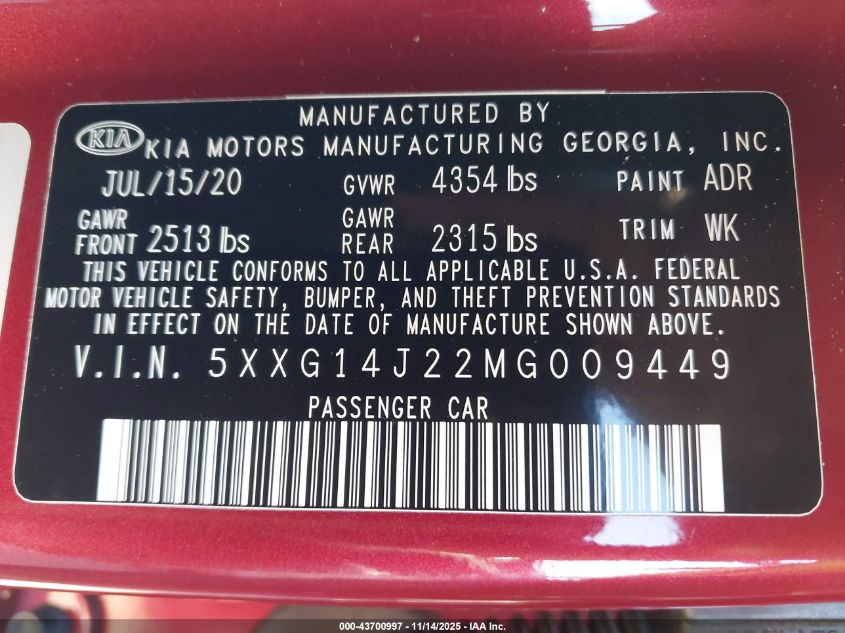 2021 Kia K5 Lxs VIN: 5XXG14J22MG009449 Lot: 43700997