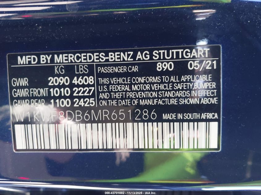 2021 Mercedes-Benz C 300 Sedan VIN: W1KWF8DB6MR651286 Lot: 43701002