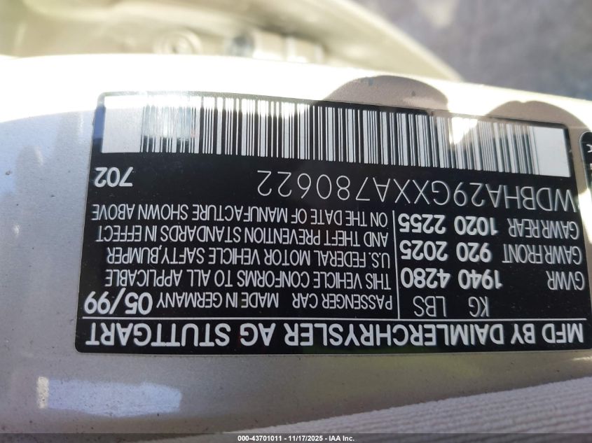 1999 Mercedes-Benz C 280 VIN: WDBHA29GXXA780622 Lot: 43701011