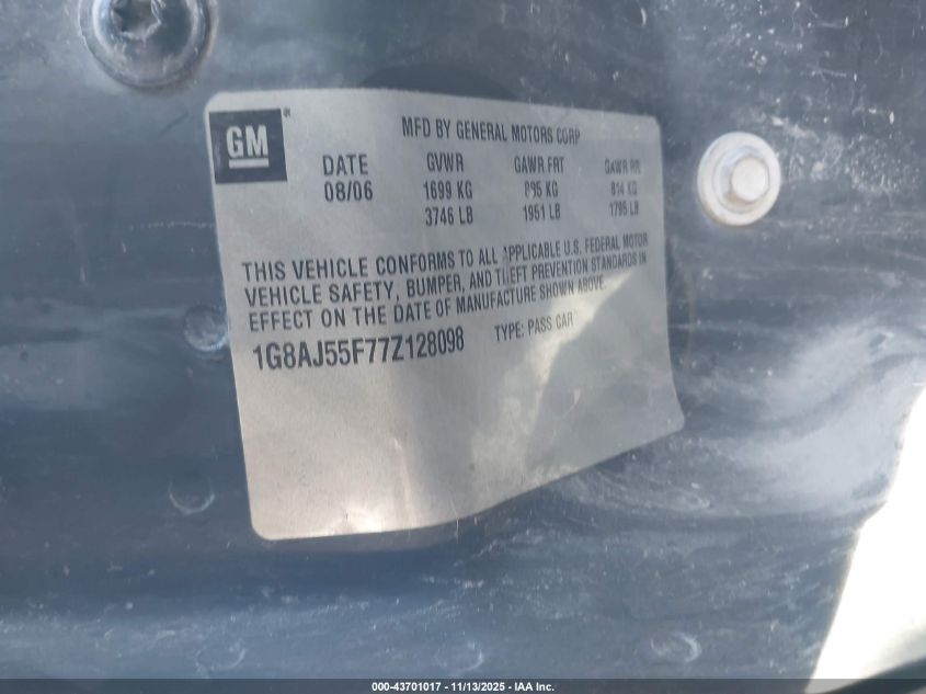2007 Saturn Ion 2 VIN: 1G8AJ55F77Z128098 Lot: 43701017