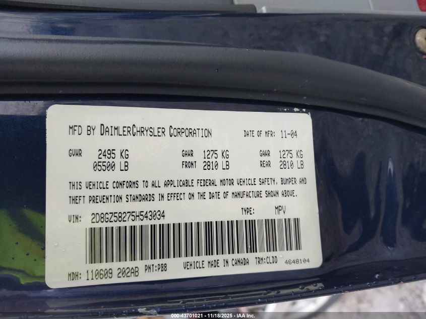 2005 Dodge Magnum Rt VIN: 2D8GZ58275H543034 Lot: 43701021