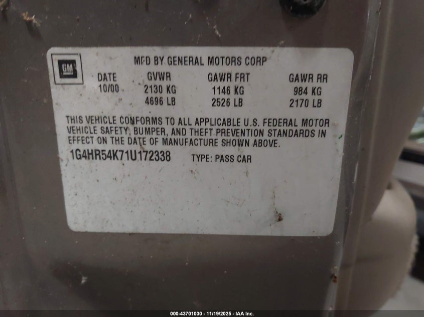 2001 Buick Lesabre VIN: 1G4HR54K710172338 Lot: 43701030