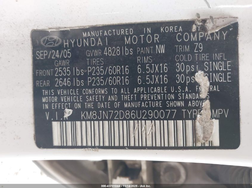 2006 Hyundai Tucson Gls/Limited VIN: KM8JN72D86U290077 Lot: 43701044