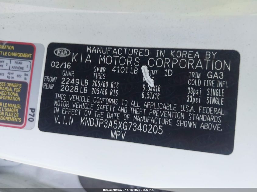 2016 Kia Soul + VIN: KNDJP3A5XG7340205 Lot: 43701047