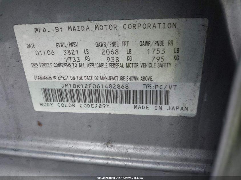 2006 Mazda Mazda3 I VIN: JM1BK12F061482868 Lot: 43701058