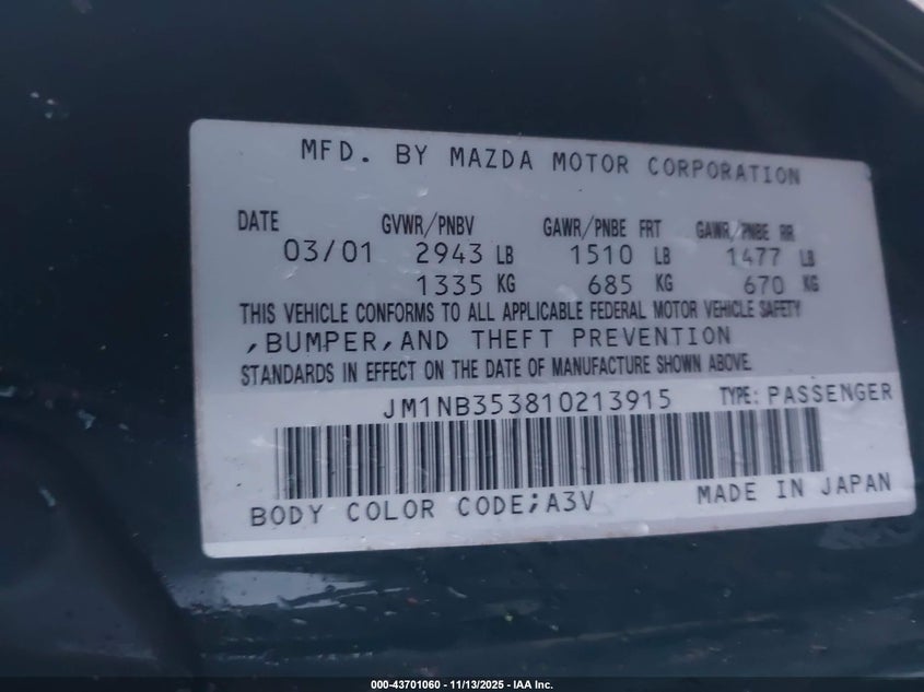 2001 Mazda Mx-5 Miata Ls/Special Edition VIN: JM1NB353810213915 Lot: 43701060