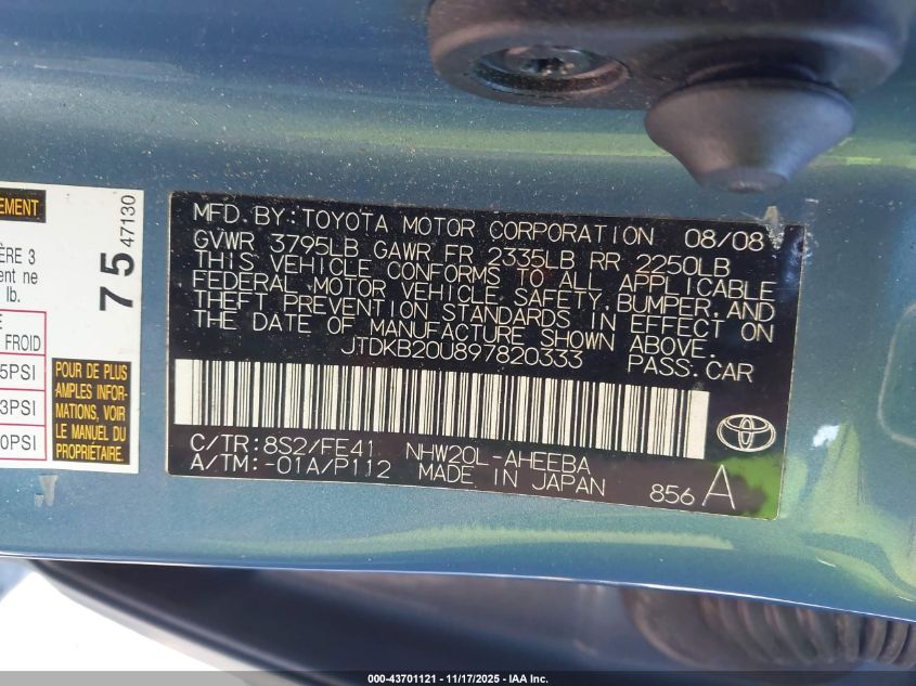 2009 Toyota Prius Standard VIN: JTDKB20U897820333 Lot: 43701121