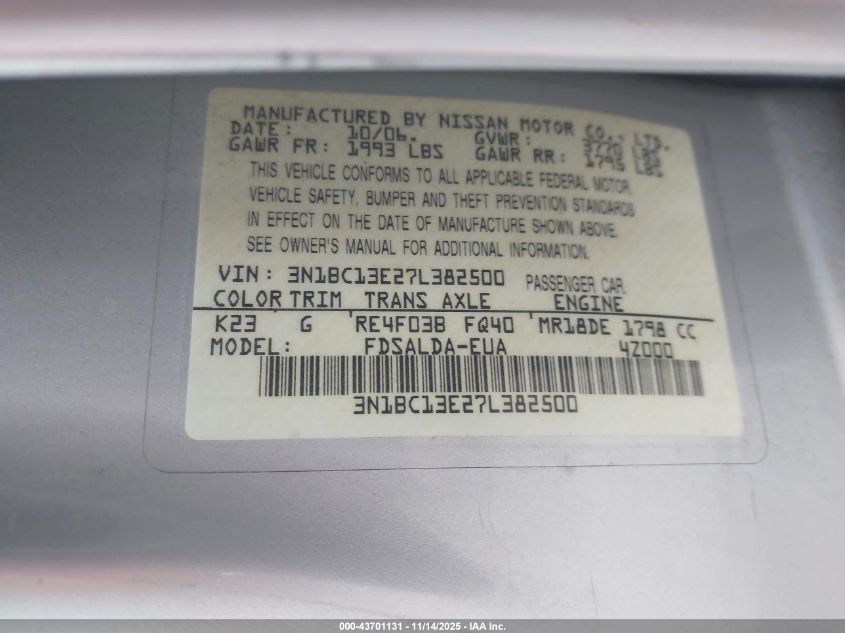 2007 Nissan Versa 1.8S VIN: 3N1BC13E27L382500 Lot: 43701131