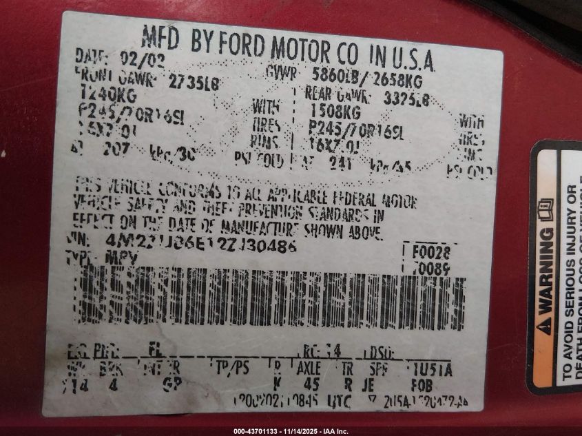 2002 Mercury Mountaineer VIN: 4M2ZU86E12ZJ30486 Lot: 43701133