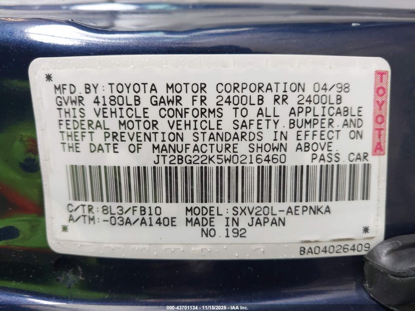 JT2BG22K5W0216460 1998 TOYOTA CAMRY photo no. 9