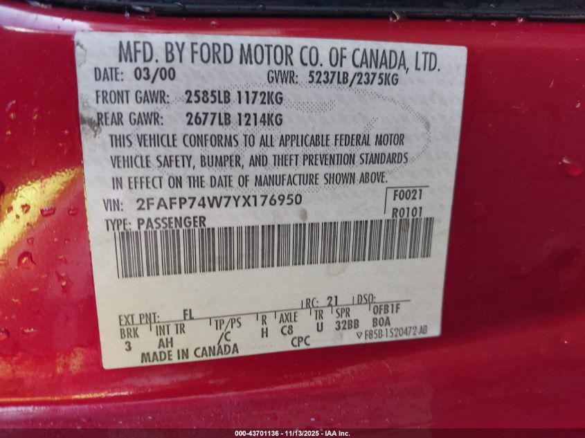 2000 Ford Crown Victoria Lx VIN: 2FAFP74W7YX176950 Lot: 43701136