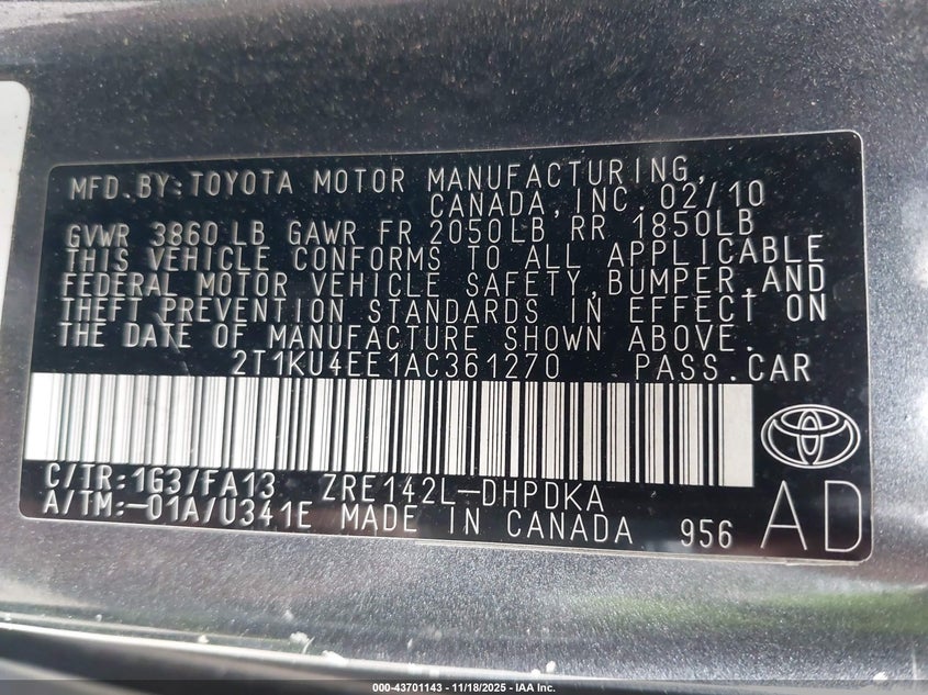 2010 Toyota Matrix VIN: 2T1KU4EE1AC361270 Lot: 43701143