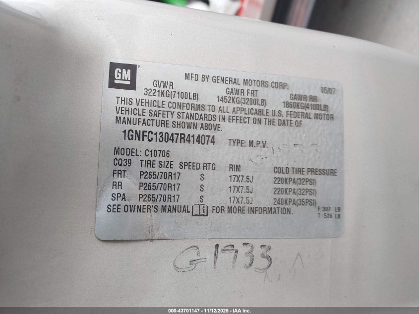 2007 Chevrolet Tahoe Lt VIN: 1GNFC13047R414074 Lot: 43701147