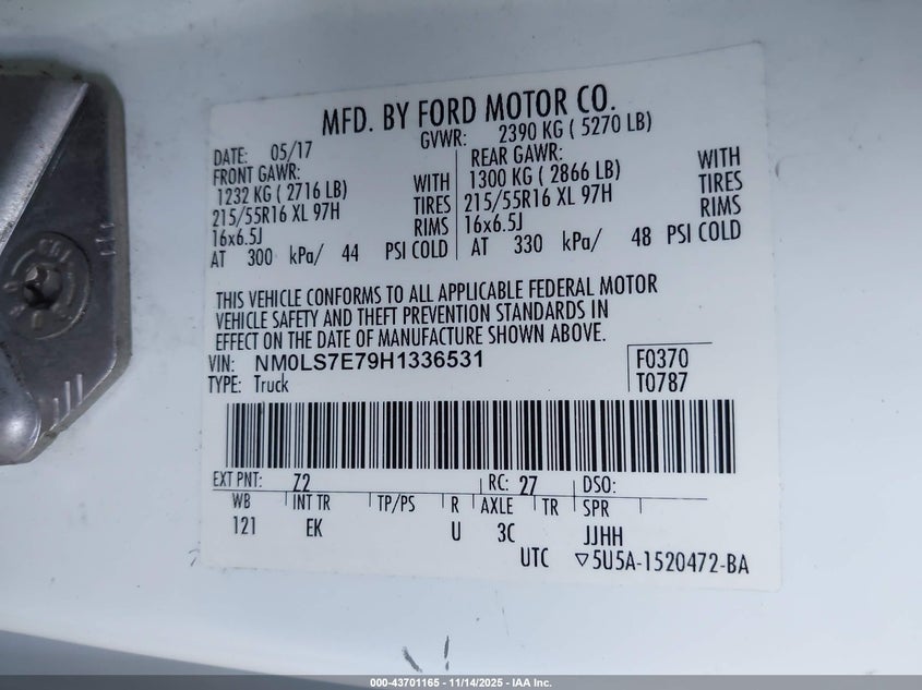 2017 Ford Transit Connect Xl VIN: NM0LS7E79H1336531 Lot: 43701165