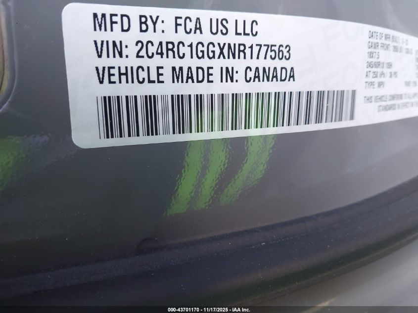 2022 Chrysler Pacifica Limited VIN: 2C4RC1GGXNR177563 Lot: 43701170