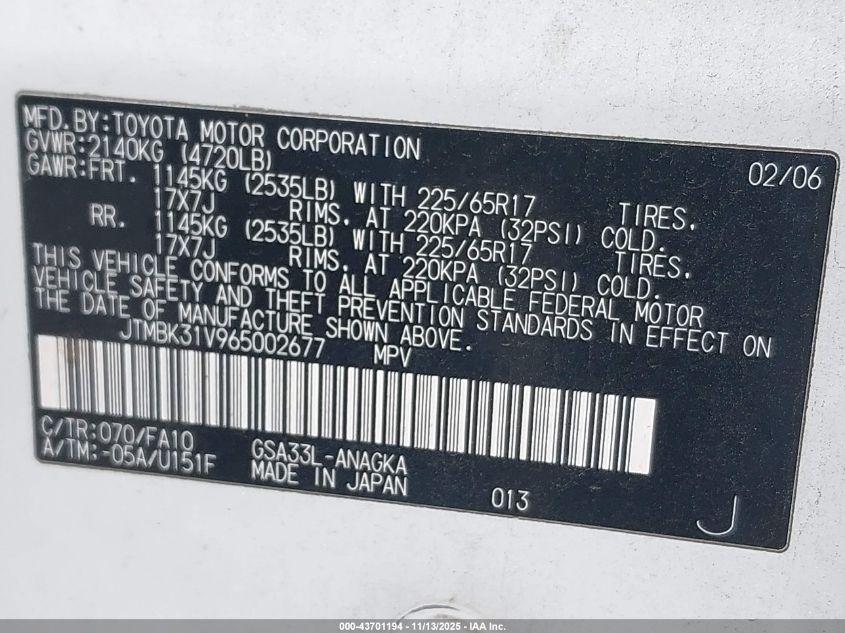 2006 Toyota Rav4 Limited V6 VIN: JTMBK31V965002677 Lot: 43701194