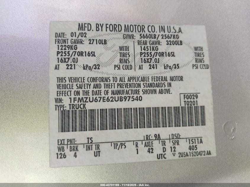 2002 Ford Explorer Sport Trac VIN: 1FMZU67E62UB97540 Lot: 43701199