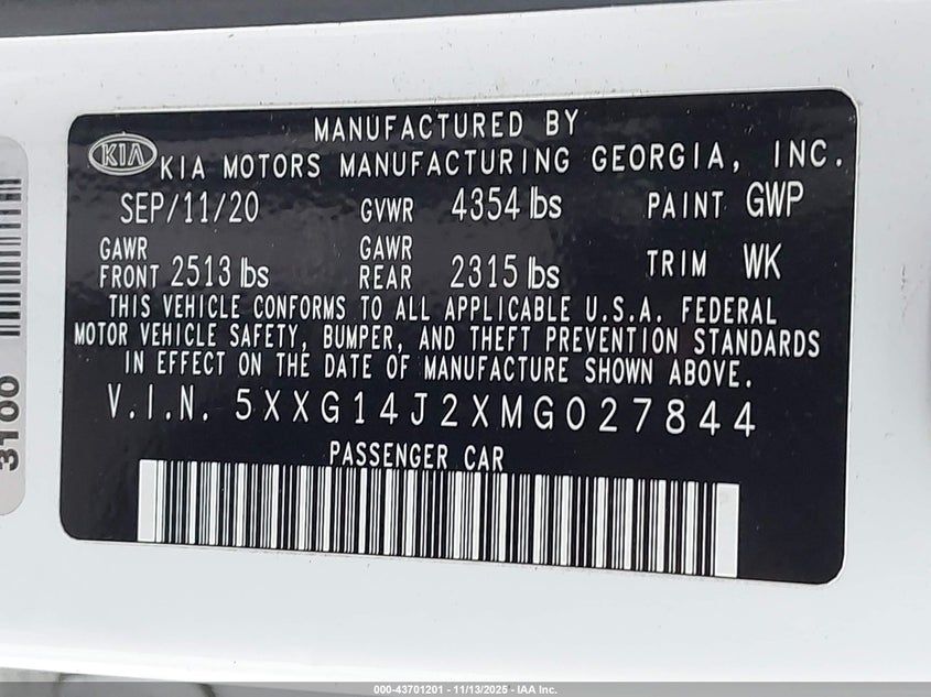 2021 Kia K5 Lxs VIN: 5XXG14J2XMG027844 Lot: 43701201