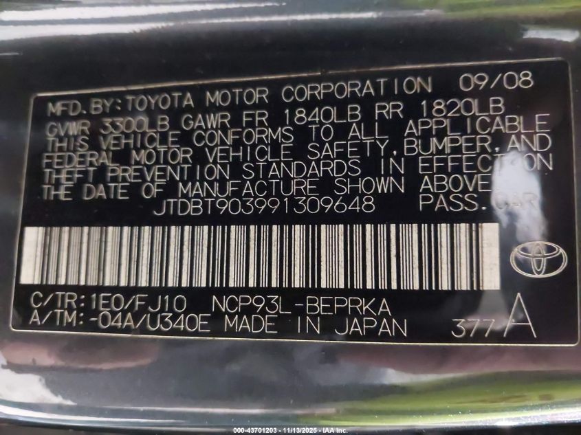 2009 Toyota Yaris VIN: JTDBT903991309648 Lot: 43701203