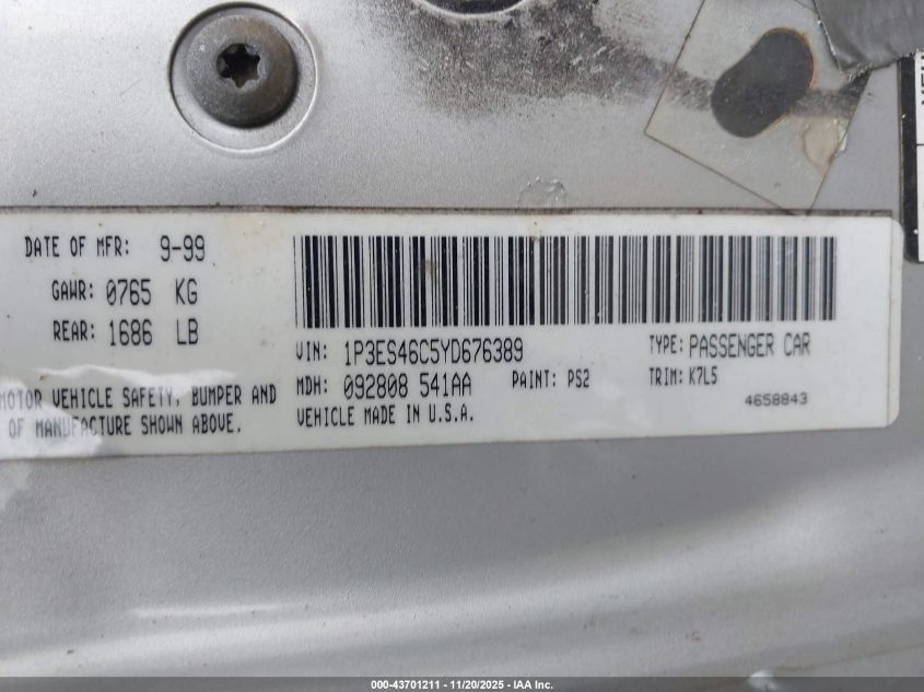 2000 Plymouth Neon Highline VIN: 1P3ES46C5YD676389 Lot: 43701211