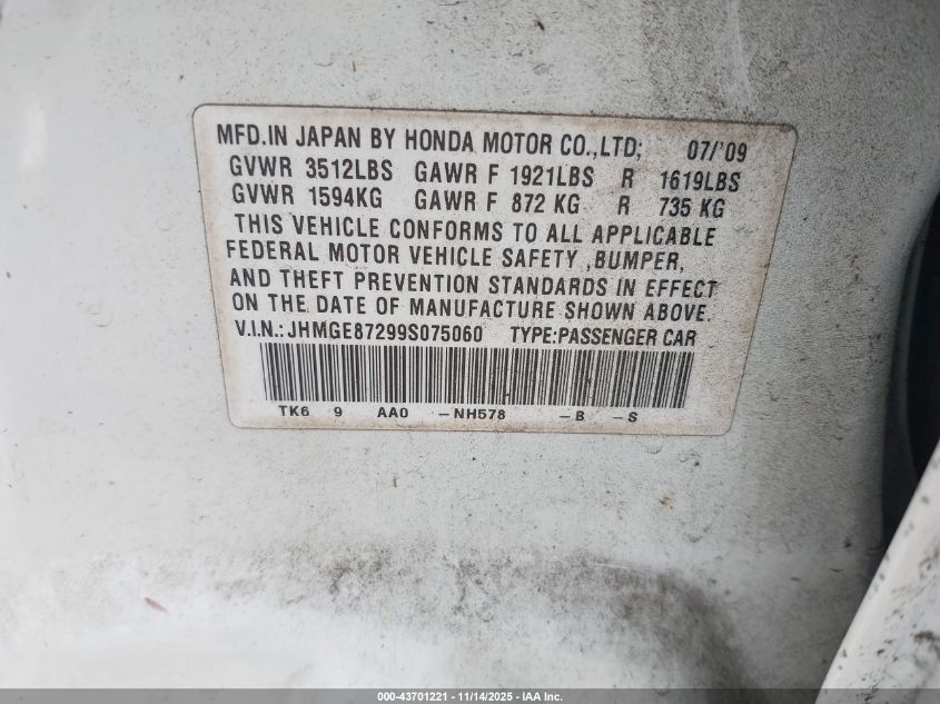 2009 Honda Fit VIN: JHMGE872995075060 Lot: 43701221