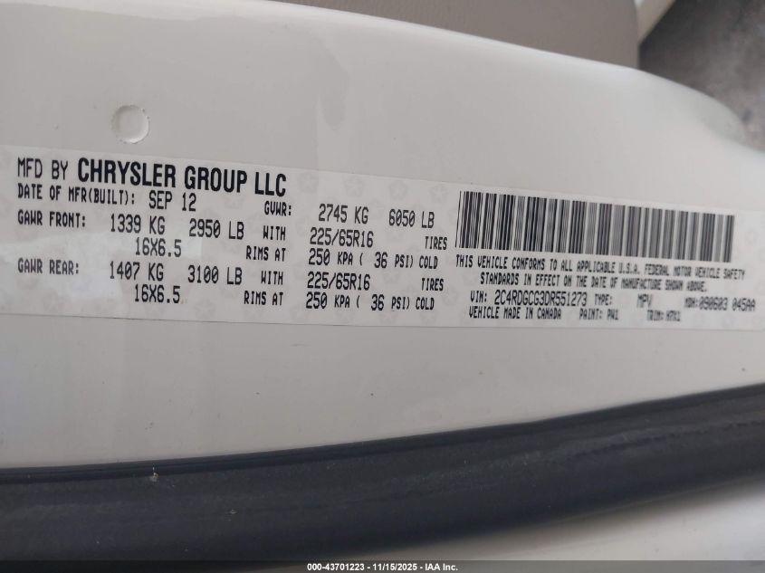 2013 Dodge Grand Caravan Sxt VIN: 2C4RDGCG3DR551273 Lot: 43701223