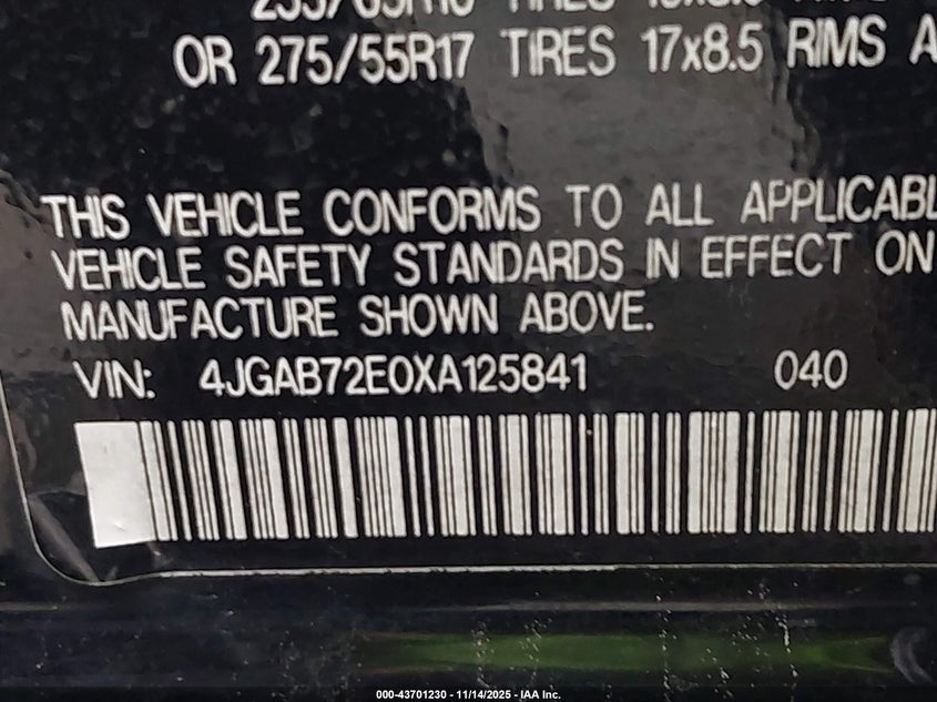1999 Mercedes-Benz Ml 430 VIN: 4JGAB72E0XA125841 Lot: 43701230