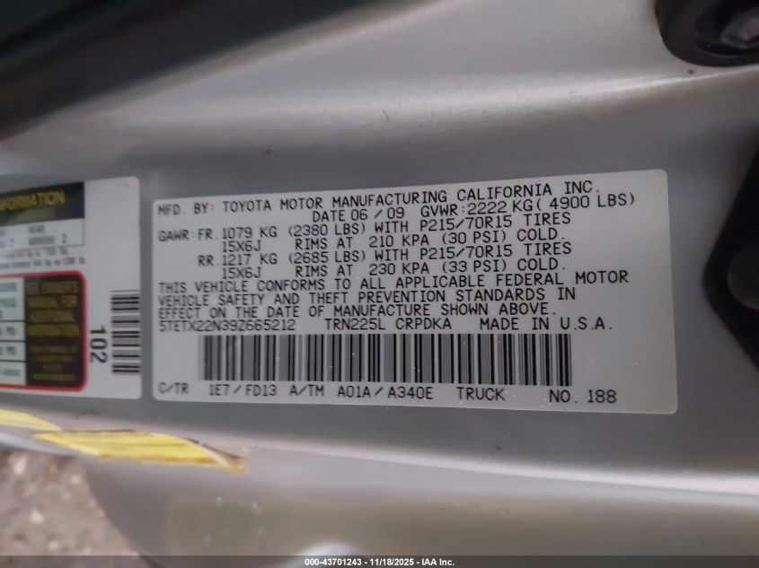 2009 Toyota Tacoma VIN: 5TETX22N39Z665212 Lot: 43701243
